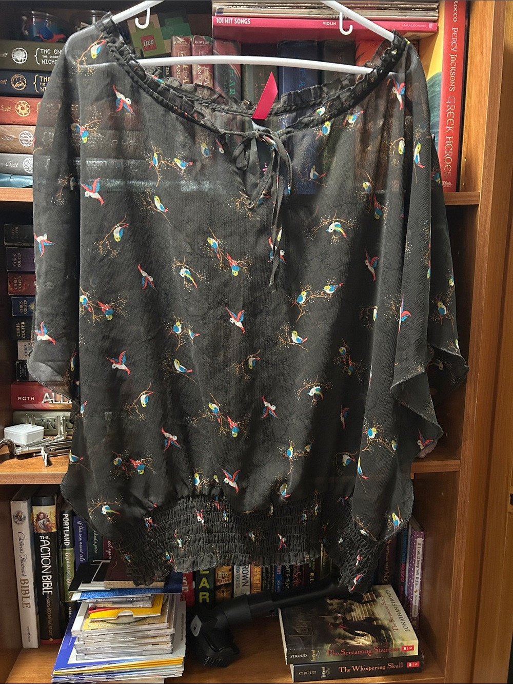 Pure Energy Black Sheer Blouse with Multicolor Bird Print